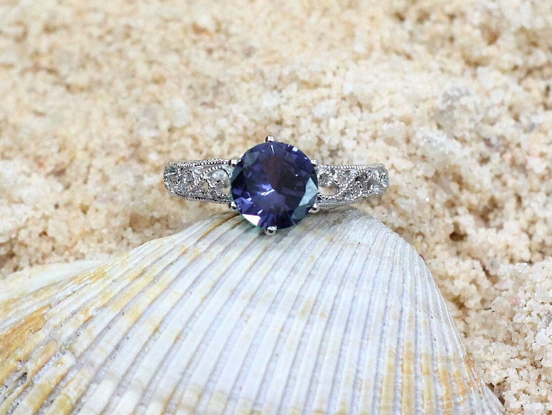 2ct Polymnia 8mm Alexandrite Sapphire Engagement Ring, Antique, Filigree, Vintage BellaMoreDesign.com