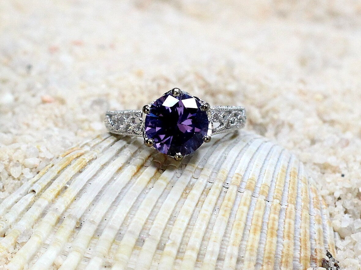 2ct Polymnia 8mm Alexandrite Sapphire Engagement Ring, Antique, Filigree, Vintage BellaMoreDesign.com