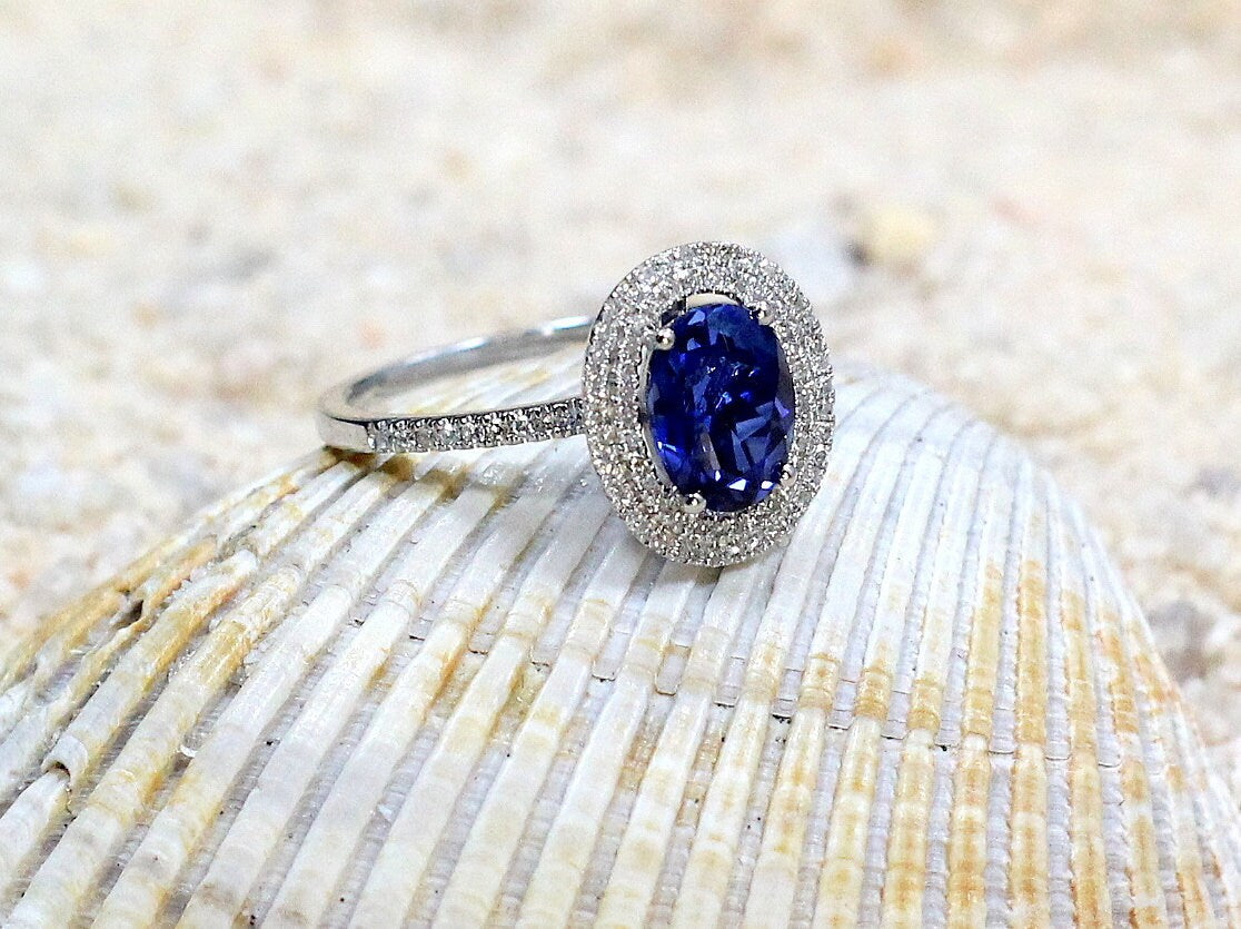2ct Urania 8x6mm Blue Sapphire & Diamonds Oval Double Halo Engagement Ring BellaMoreDesign.com