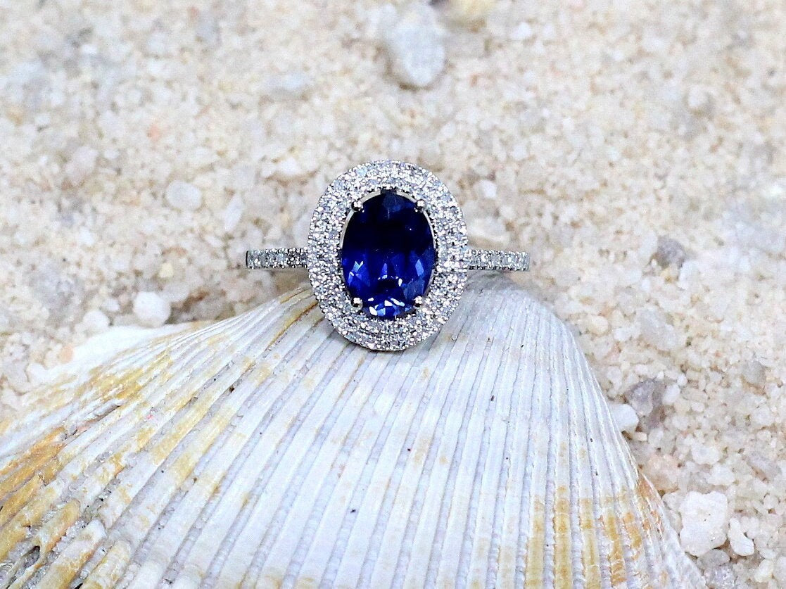 2ct Urania 8x6mm Blue Sapphire & Diamonds Oval Double Halo Engagement Ring BellaMoreDesign.com