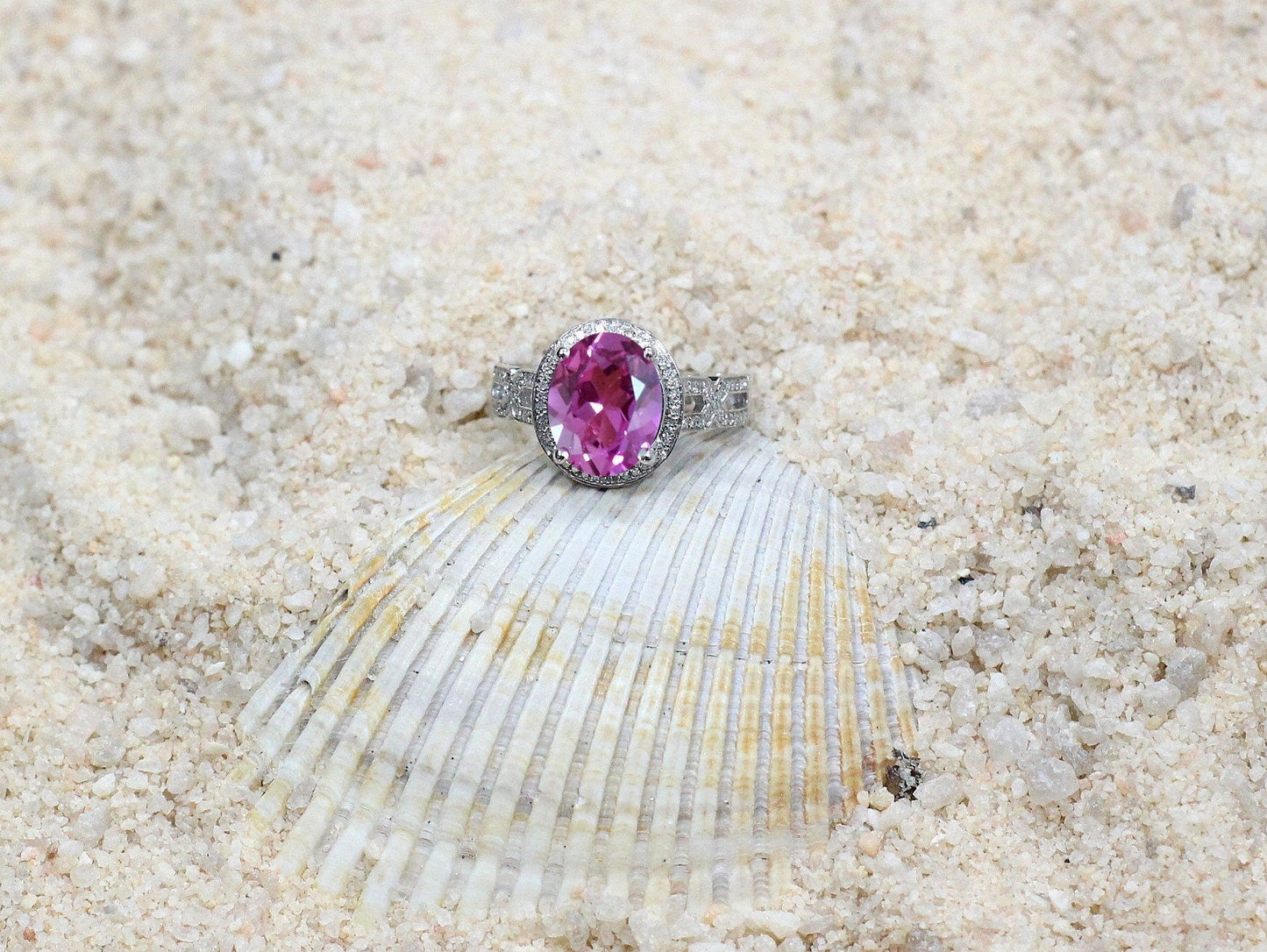 3.5ct 10x8mm Pink Sapphire Engagement Ring, Oval Halo, Infinity Band, XOXO BellaMoreDesign.com
