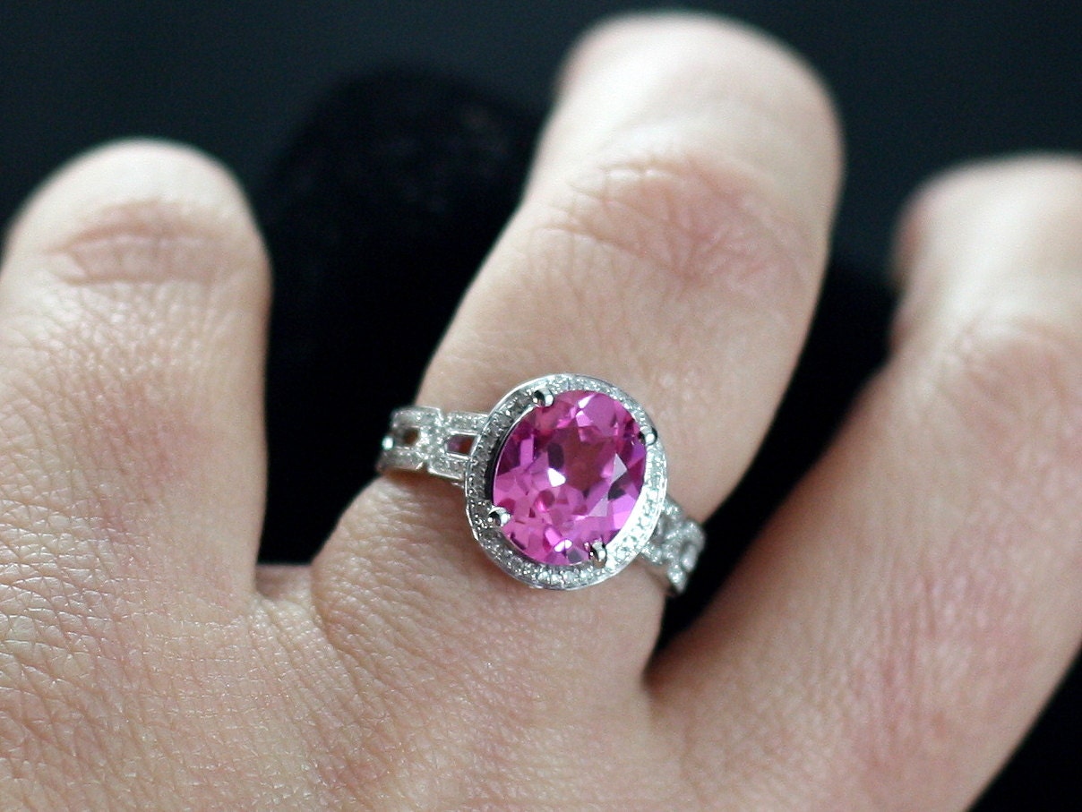 3.5ct 10x8mm Pink Sapphire Engagement Ring, Oval Halo, Infinity Band, XOXO BellaMoreDesign.com