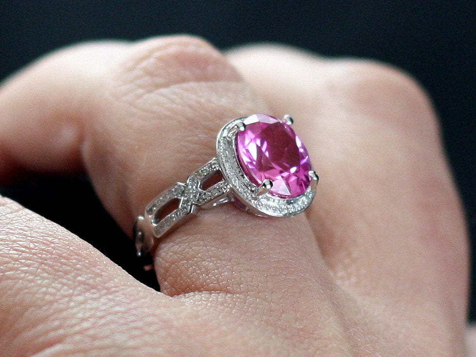 3.5ct 10x8mm Pink Sapphire Engagement Ring, Oval Halo, Infinity Band, XOXO BellaMoreDesign.com