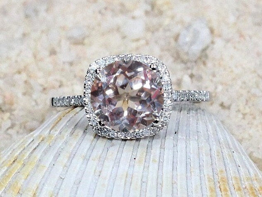 3ct Cuscino 8mm Peach Sapphire Cushion  Halo Engagement Ring. BellaMoreDesign.com