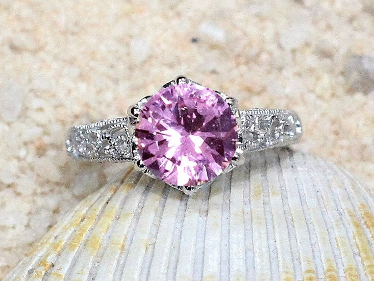 3ct Polymnia 9mm Pink Sapphire Engagement Ring, Vintage, Filigree, Miligrain BellaMoreDesign.com