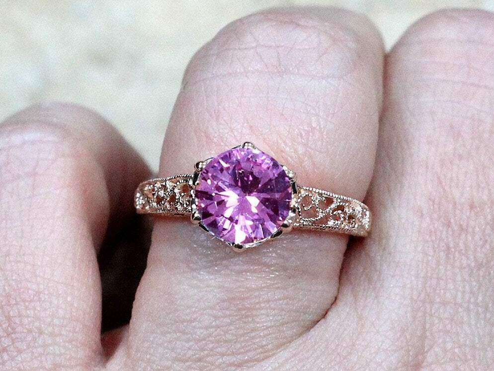 3ct Polymnia 9mm Pink Sapphire Engagement Ring, Vintage, Filigree, Miligrain BellaMoreDesign.com