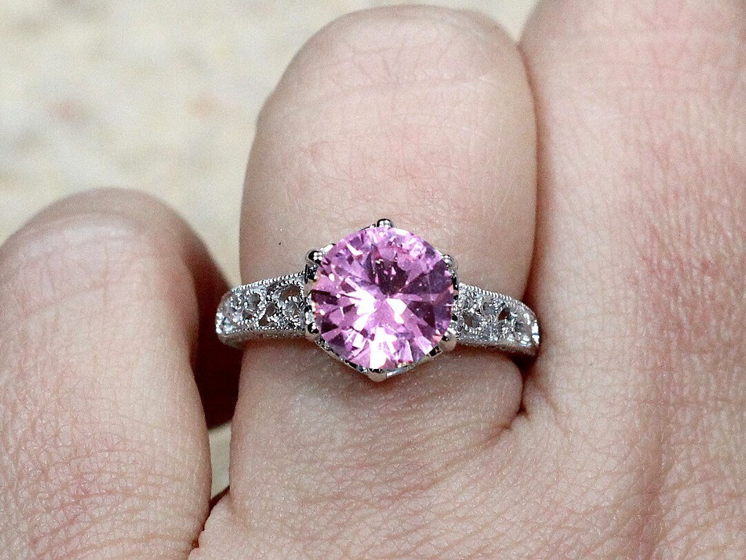3ct Polymnia 9mm Pink Sapphire Engagement Ring, Vintage, Filigree, Miligrain BellaMoreDesign.com