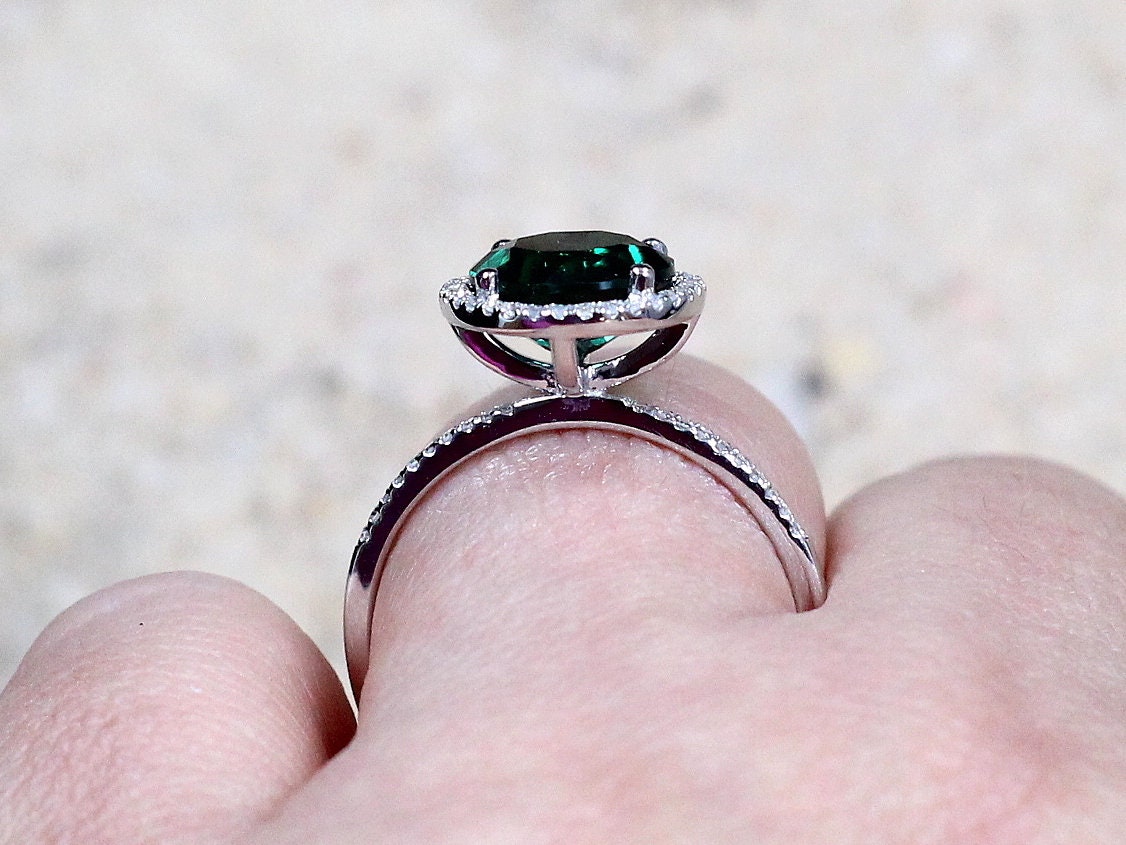 3ct Pricus 9mm Emerald Engagement Ring & Diamonds Round Halo BellaMoreDesign.com