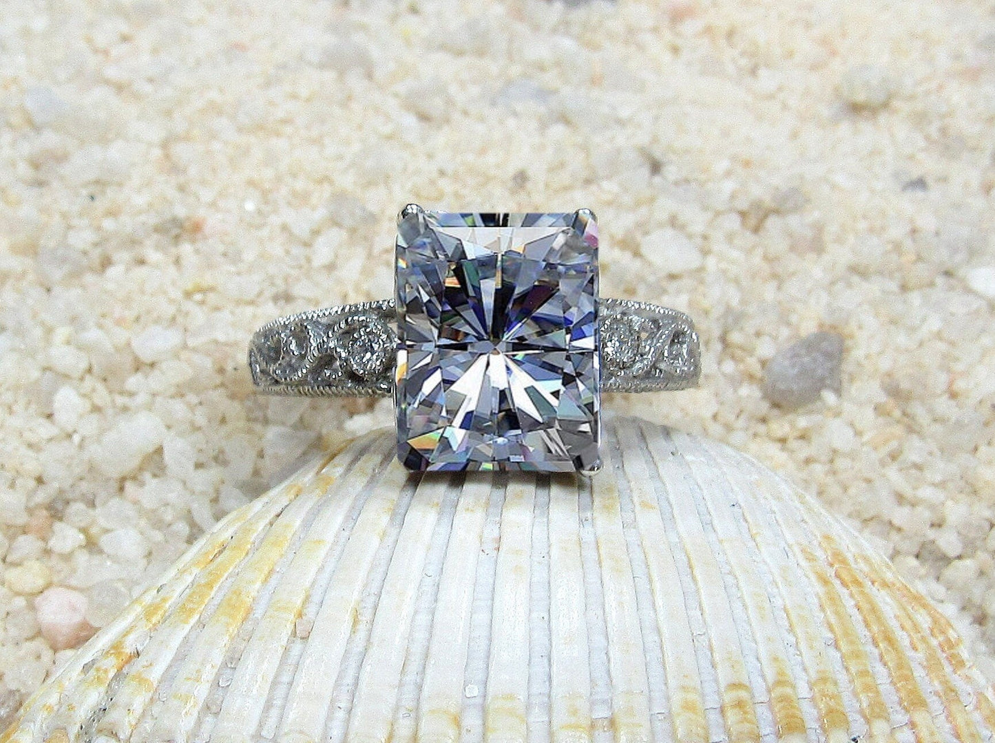 4ct Lab Diamond Engagement Ring, Vintage Ring, Filigree Ring, Milgrain Ring, 10x8mm Emerald Cut Lab Grown Diamond, Polymnia BellaMoreDesign.com