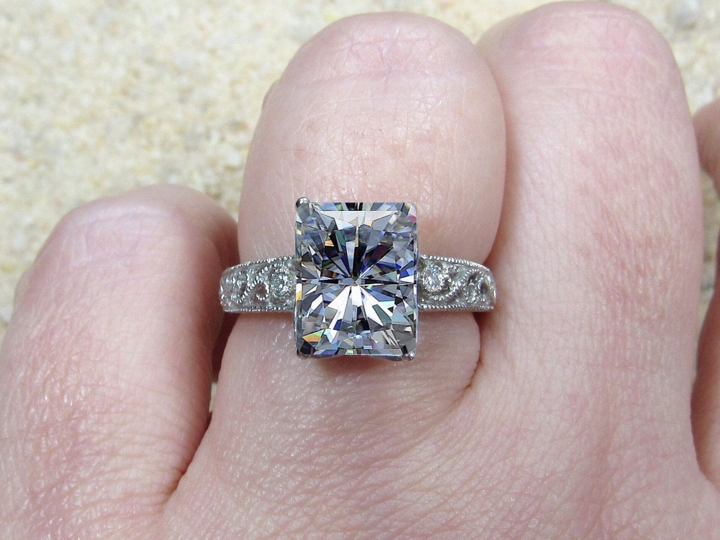 4ct Lab Diamond Engagement Ring, Vintage Ring, Filigree Ring, Milgrain Ring, 10x8mm Emerald Cut Lab Grown Diamond, Polymnia BellaMoreDesign.com