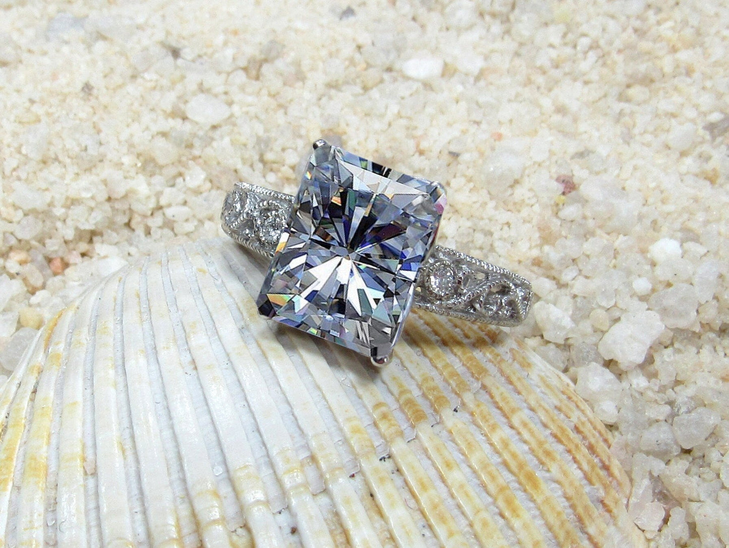 4ct Lab Diamond Engagement Ring, Vintage Ring, Filigree Ring, Milgrain Ring, 10x8mm Emerald Cut Lab Grown Diamond, Polymnia BellaMoreDesign.com