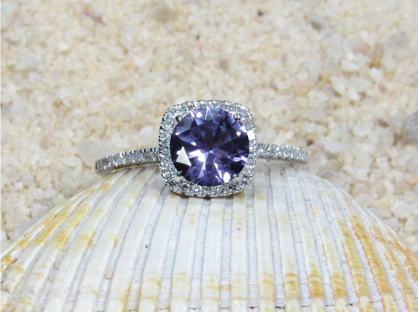 Alexandrite Diamonds Engagement Ring Cushion Halo Cuscino Petite 1ct 6mm Round Custom Size White-Yellow-Rose Gold-10k-14k-18k-Platinum BellaMoreDesign.com
