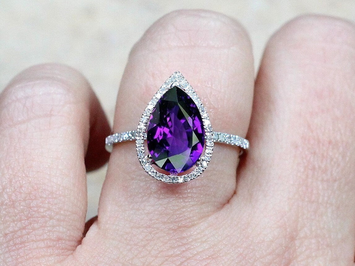 Alexandrite Sapphire Engagement Ring, Pear Halo, drop Cut, Helena, 4ct Ring, Sapphire Ring BellaMoreDesign.com