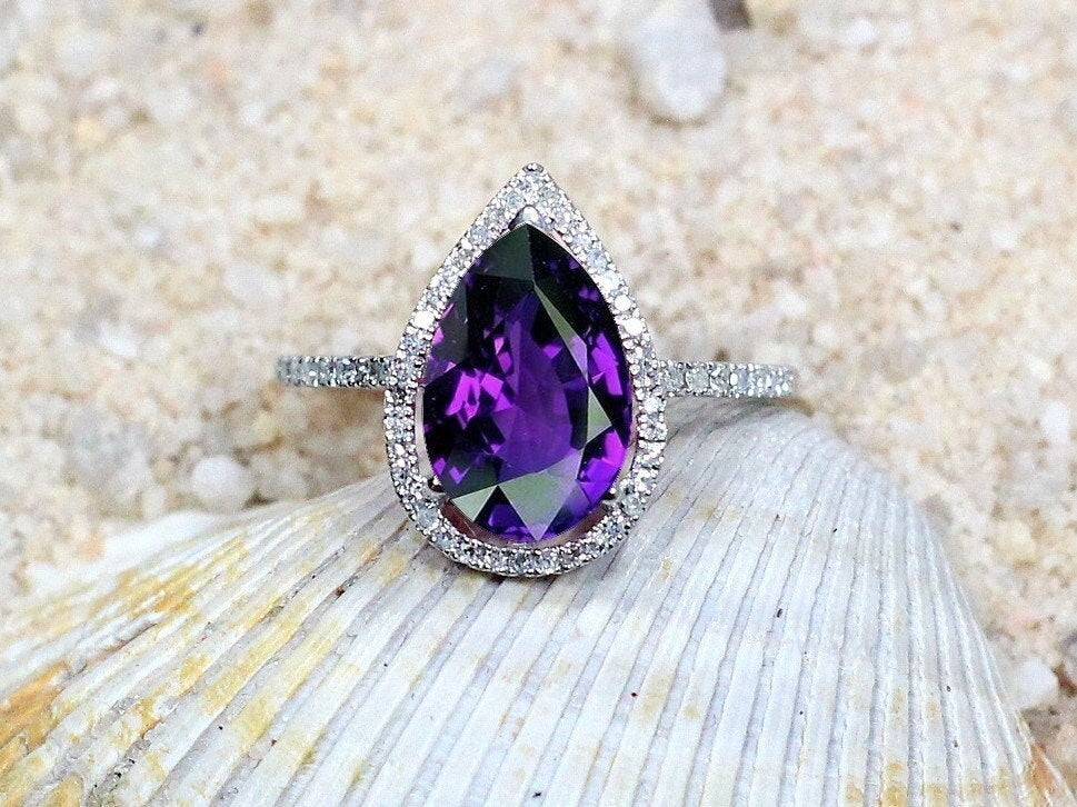 Alexandrite Sapphire Engagement Ring, Pear Halo, drop Cut, Helena, 4ct Ring, Sapphire Ring BellaMoreDesign.com