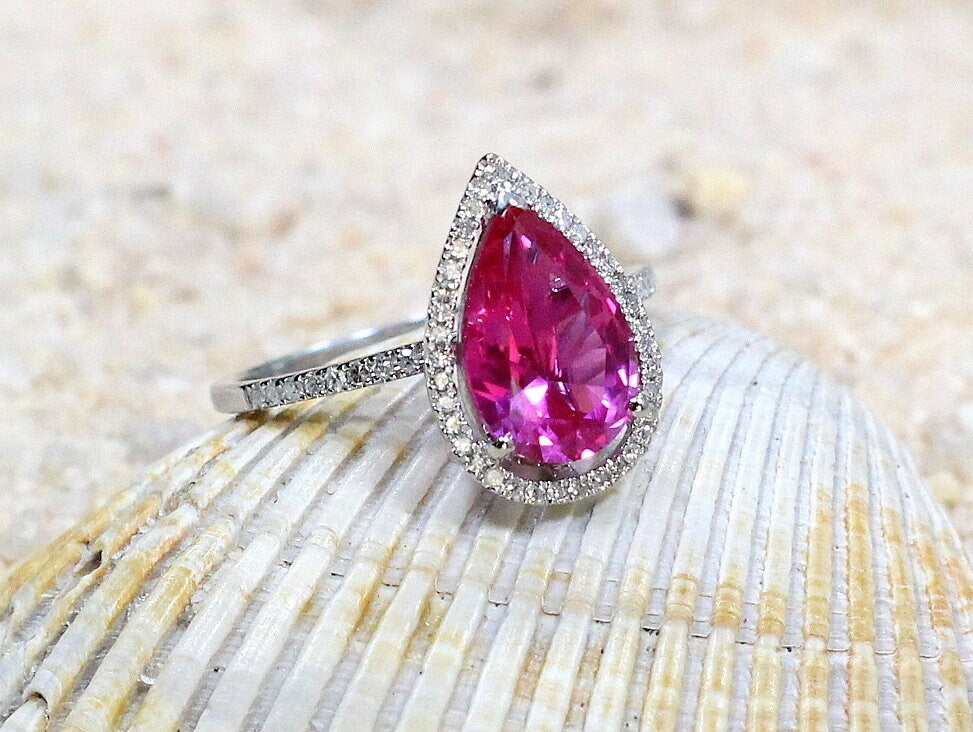 Alexandrite Sapphire Engagement Ring, Pear Halo, drop Cut, Helena, 4ct Ring, Sapphire Ring BellaMoreDesign.com