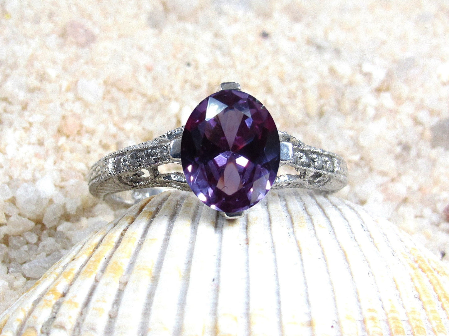 Alexandrite Sapphire Engagement Ring,Vintage Filigree Ring,3ct Oval 9x7mm,Dionysus,Color change Ring,White-Yellow-Rose Gold-14k-18k-Platinum BellaMoreDesign.com