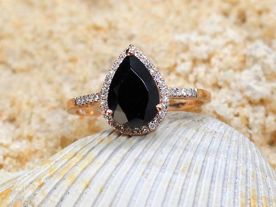 Black Spinel Engagement Ring & Diamond Pear Halo Goccia 2.5ct 7x10mm Custom Size White-Yellow-Rose Gold-10k-14k-18k-Platinum Diamonds BellaMoreDesign.com