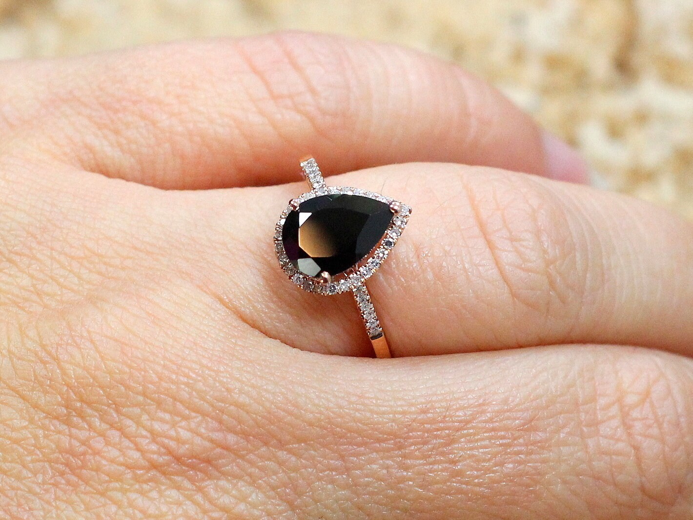 Black Spinel Engagement Ring & Diamond Pear Halo Goccia 2.5ct 7x10mm Custom Size White-Yellow-Rose Gold-10k-14k-18k-Platinum Diamonds BellaMoreDesign.com