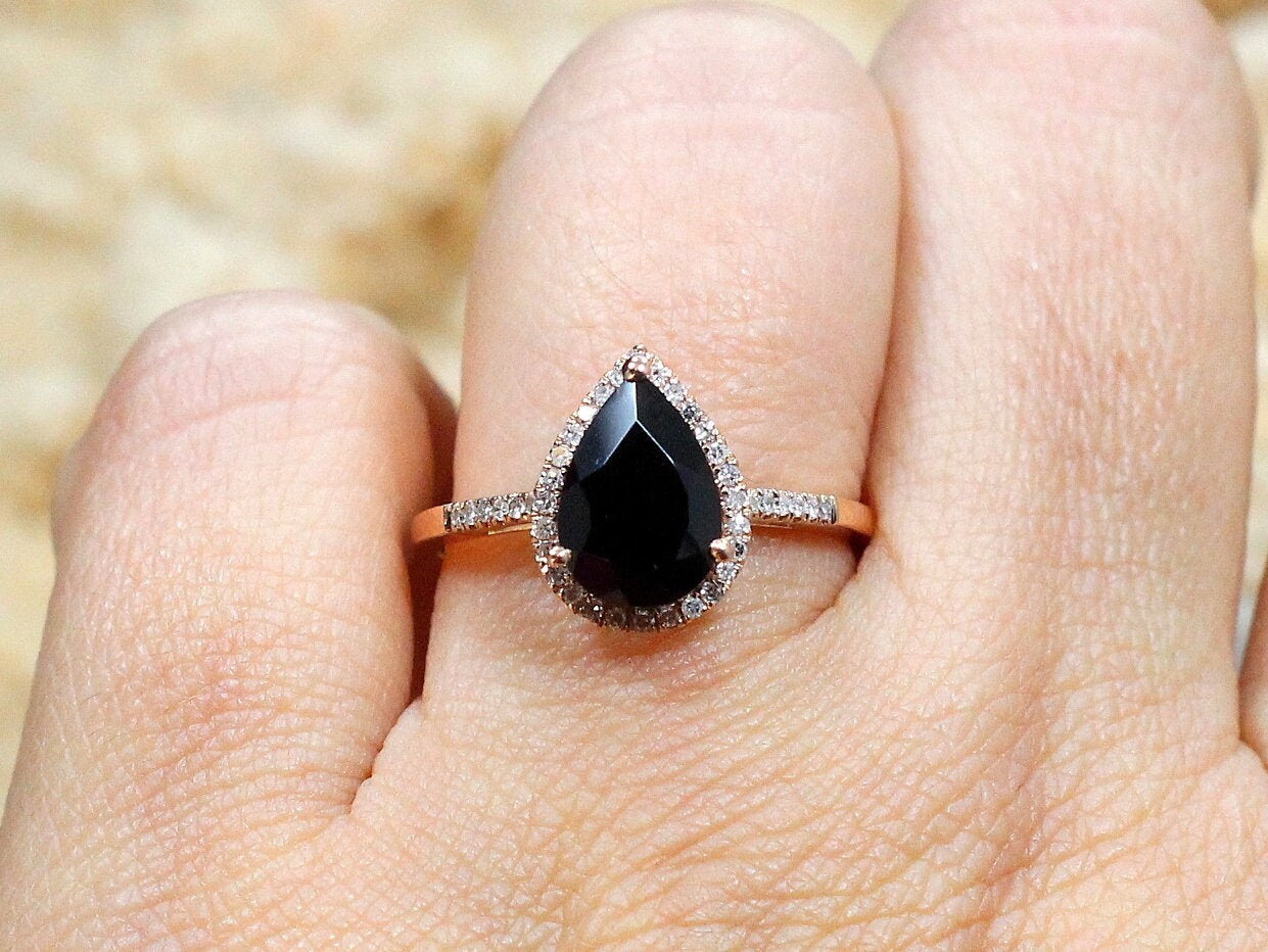 Black Spinel Engagement Ring & Diamond Pear Halo Goccia 2.5ct 7x10mm Custom Size White-Yellow-Rose Gold-10k-14k-18k-Platinum Diamonds BellaMoreDesign.com