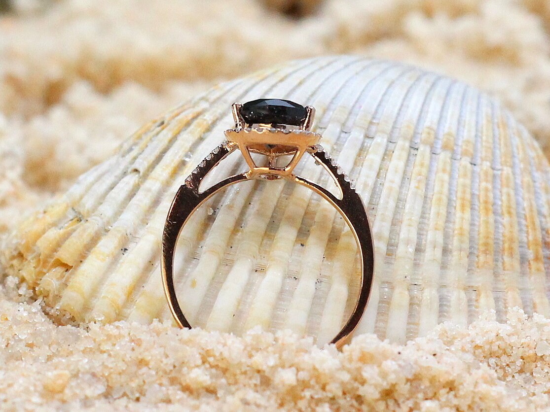 Black Spinel Engagement Ring & Diamond Pear Halo Goccia 2.5ct 7x10mm Custom Size White-Yellow-Rose Gold-10k-14k-18k-Platinum Diamonds BellaMoreDesign.com
