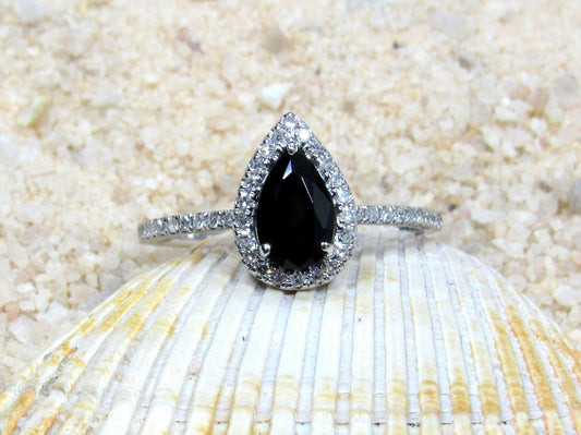 Black Spinel Engagement Ring & Diamond Pear Halo Helena 1ct 7x5mm Custom Size White-Yellow-Rose Gold-10k-14k-18k-Platinum BellaMoreDesign.com