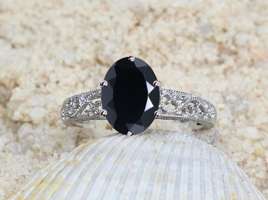 Black Spinel Engagement Ring, Pink Sapphire, Oval, Antique, Filigree, Milgrain, Polymnia, 3ct 9x7mm BellaMoreDesign.com