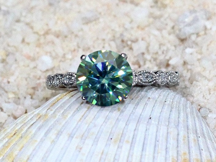 Blue Moissanite Diamond Engagement Ring Almost Eternity Bezel Leaf Round cut Aeolus 2ct 8mm Custom White-Yellow-Rose Gold-10k-14k-18k-Plat BellaMoreDesign.com
