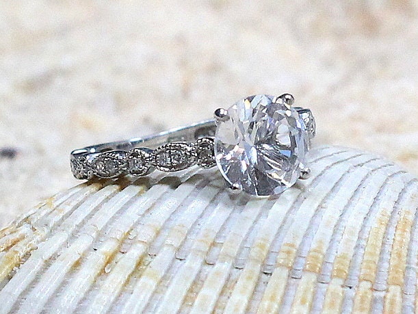 Blue Moissanite Diamond Engagement Ring Almost Eternity Bezel Leaf Round cut Aeolus 2ct 8mm Custom White-Yellow-Rose Gold-10k-14k-18k-Plat BellaMoreDesign.com