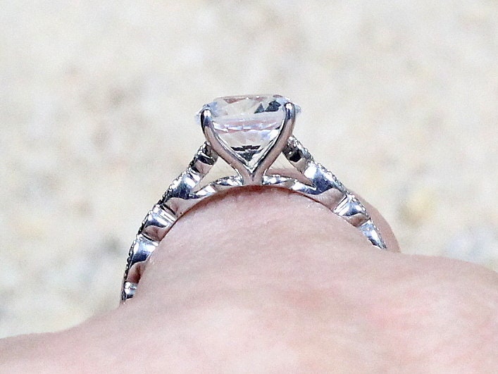 Blue Moissanite Diamond Engagement Ring Almost Eternity Bezel Leaf Round cut Aeolus 2ct 8mm Custom White-Yellow-Rose Gold-10k-14k-18k-Plat BellaMoreDesign.com