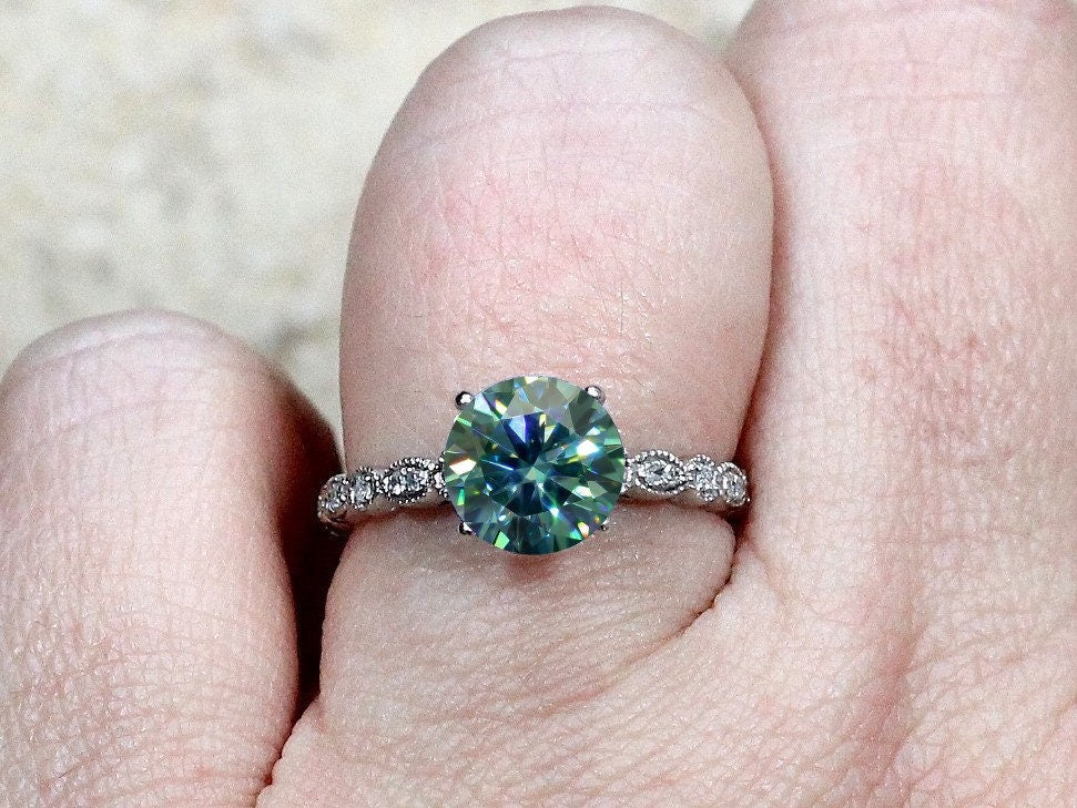 Blue Moissanite Diamond Engagement Ring Almost Eternity Bezel Leaf Round cut Aeolus 2ct 8mm Custom White-Yellow-Rose Gold-10k-14k-18k-Plat BellaMoreDesign.com