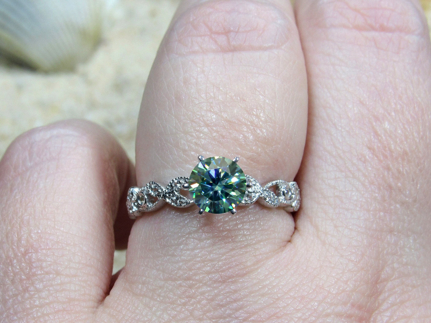 Blue Moissanite Diamond Engagement Ring, Leaf Milgrain Beaded Edge Round Gaia 1ct 6mm Custom White-Yellow-Rose Gold-10k-14k-18k-Platinum BellaMoreDesign.com