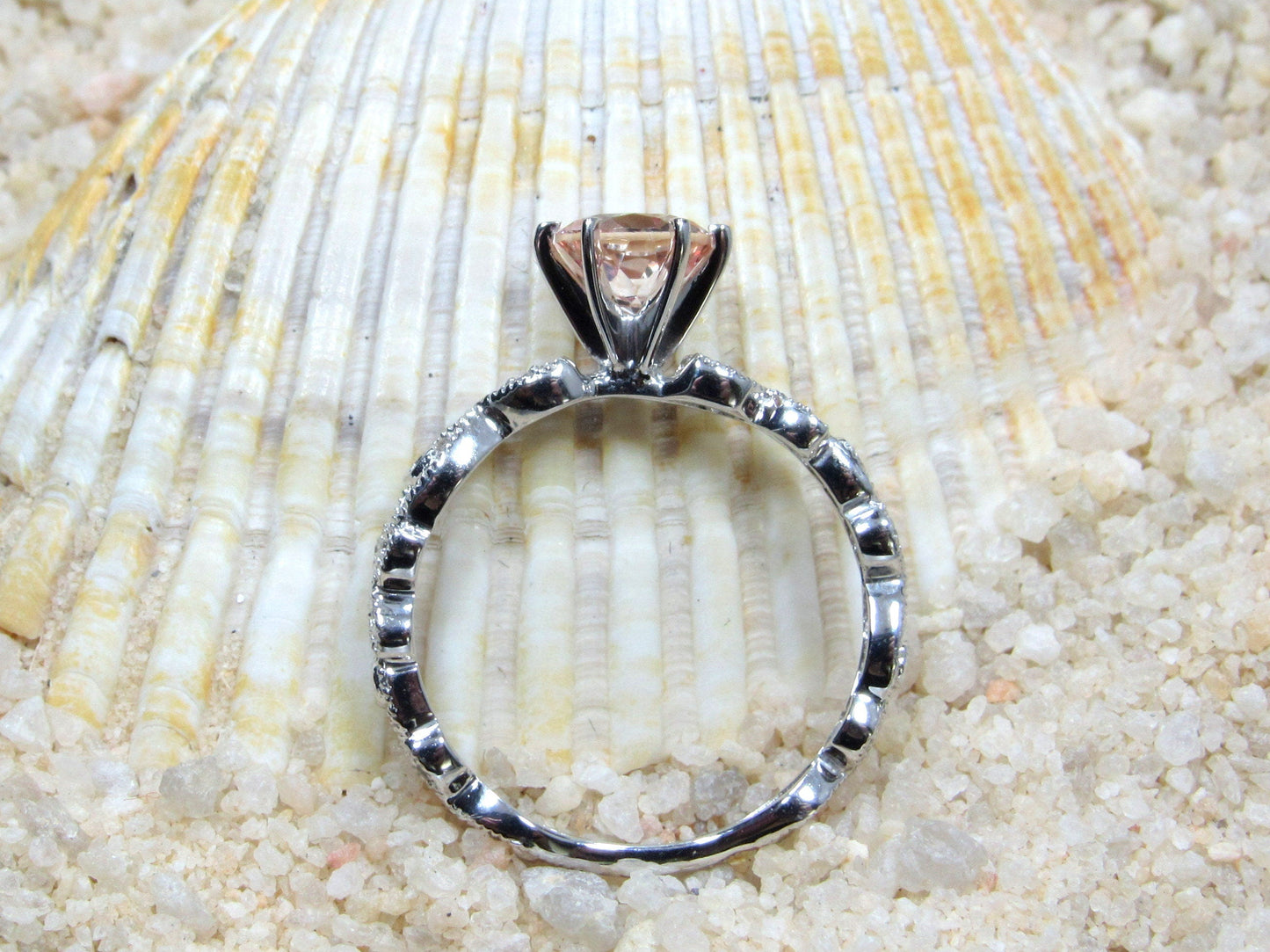Blue Moissanite Diamond Engagement Ring, Leaf Milgrain Beaded Edge Round Gaia 1ct 6mm Custom White-Yellow-Rose Gold-10k-14k-18k-Platinum BellaMoreDesign.com