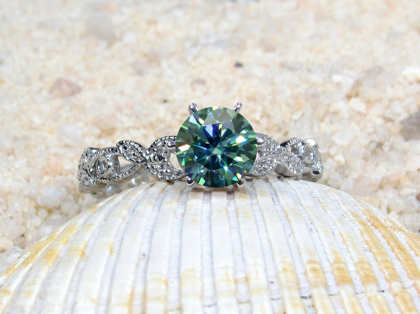 Blue Moissanite Diamond Engagement Ring, Leaf Milgrain Beaded Edge Round Gaia 1ct 6mm Custom White-Yellow-Rose Gold-10k-14k-18k-Platinum BellaMoreDesign.com