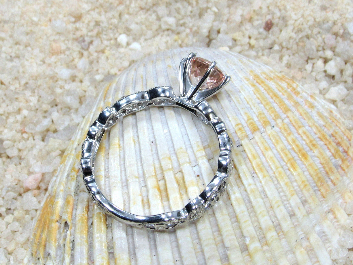 Blue Moissanite Diamond Engagement Ring, Leaf Milgrain Beaded Edge Round Gaia 1ct 6mm Custom White-Yellow-Rose Gold-10k-14k-18k-Platinum BellaMoreDesign.com