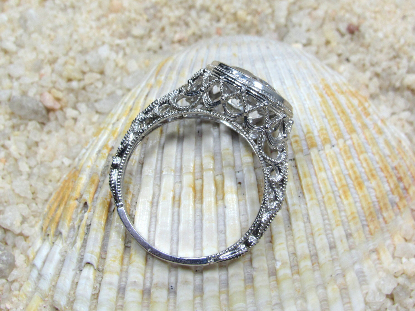 Blue Moissanite Engagement Ring, Simulated Diamond, Milgrain, Vintage, Filigree, 3.6ct, 10mm, Aegle, Promise Ring, Gift For Her BellaMoreDesign.com