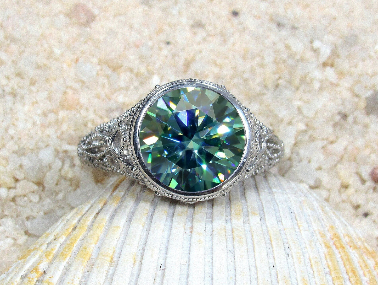 Blue Moissanite Engagement Ring, Simulated Diamond, Milgrain, Vintage, Filigree, 3.6ct, 10mm, Aegle, Promise Ring, Gift For Her BellaMoreDesign.com