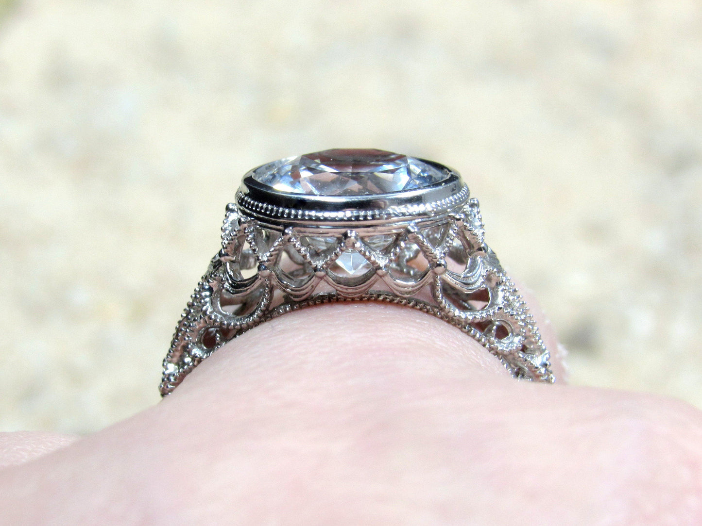 Blue Moissanite Engagement Ring, Simulated Diamond, Milgrain, Vintage, Filigree, 3.6ct, 10mm, Aegle, Promise Ring, Gift For Her BellaMoreDesign.com