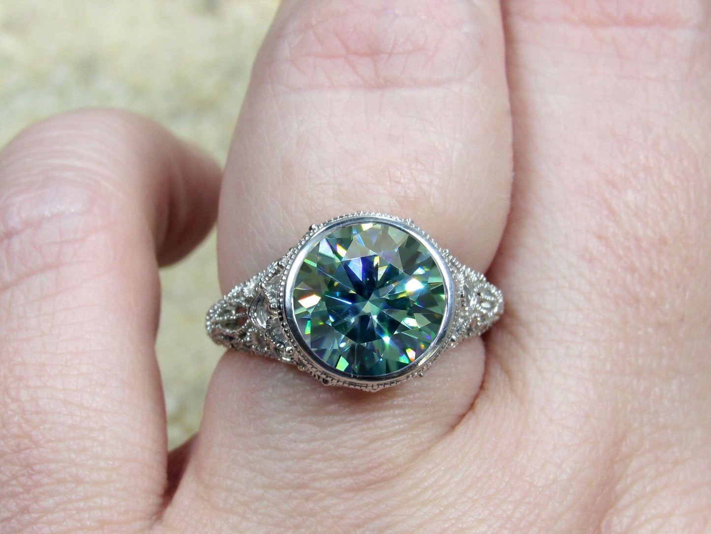 Blue Moissanite Engagement Ring, Simulated Diamond, Milgrain, Vintage, Filigree, 3.6ct, 10mm, Aegle, Promise Ring, Gift For Her BellaMoreDesign.com