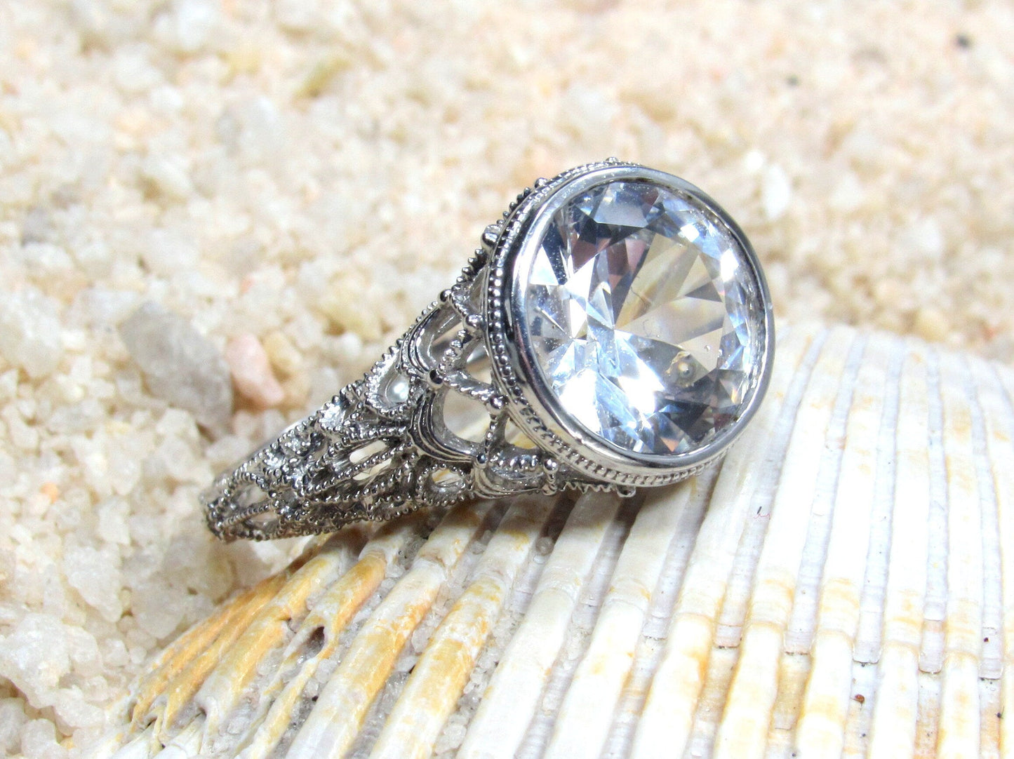 Blue Moissanite Engagement Ring, Simulated Diamond, Milgrain, Vintage, Filigree, 3.6ct, 10mm, Aegle, Promise Ring, Gift For Her BellaMoreDesign.com
