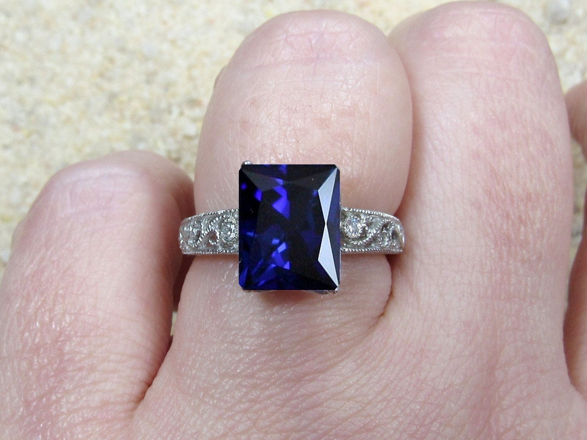 Blue Sapphire & Diamonds Engagement Ring, Diamond Shank, Vintage Ring, Filigree Ring, Milgrain Ring, Polymnia, 4ct, 10x8mm, Birthstone BellaMoreDesign.com