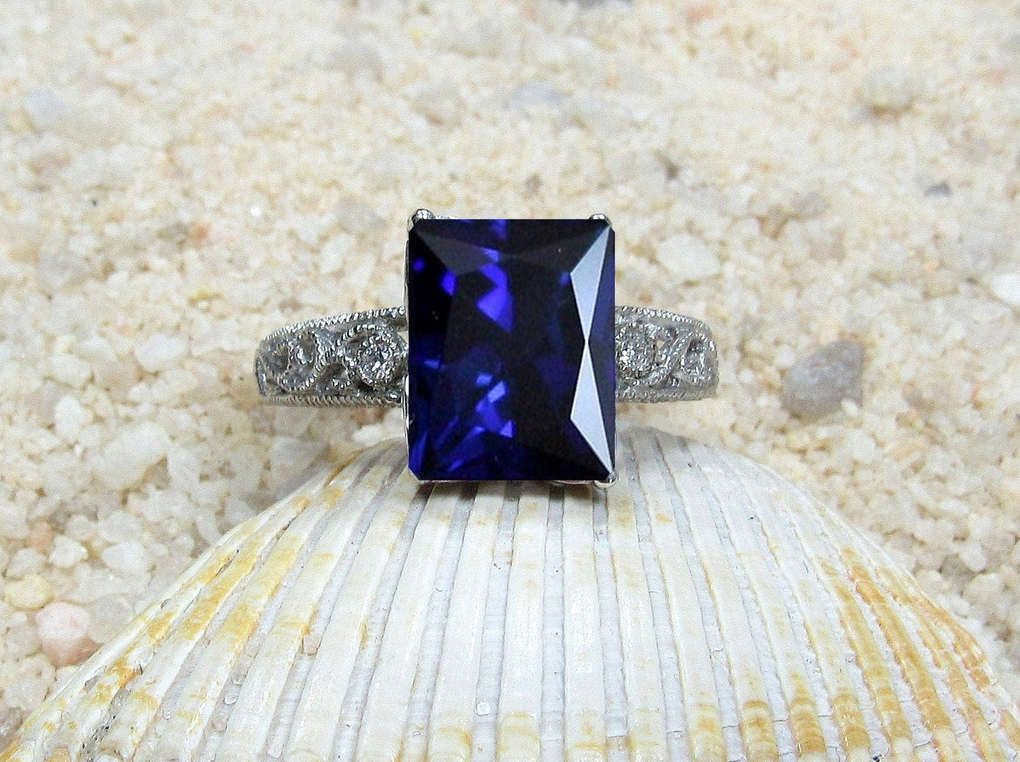 Blue Sapphire & Diamonds Engagement Ring, Diamond Shank, Vintage Ring, Filigree Ring, Milgrain Ring, Polymnia, 4ct, 10x8mm, Birthstone BellaMoreDesign.com
