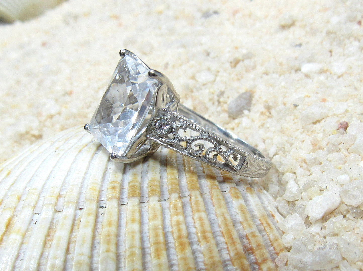 Blue Sapphire & Diamonds Engagement Ring, Diamond Shank, Vintage Ring, Filigree Ring, Milgrain Ring, Polymnia, 4ct, 10x8mm, Birthstone BellaMoreDesign.com