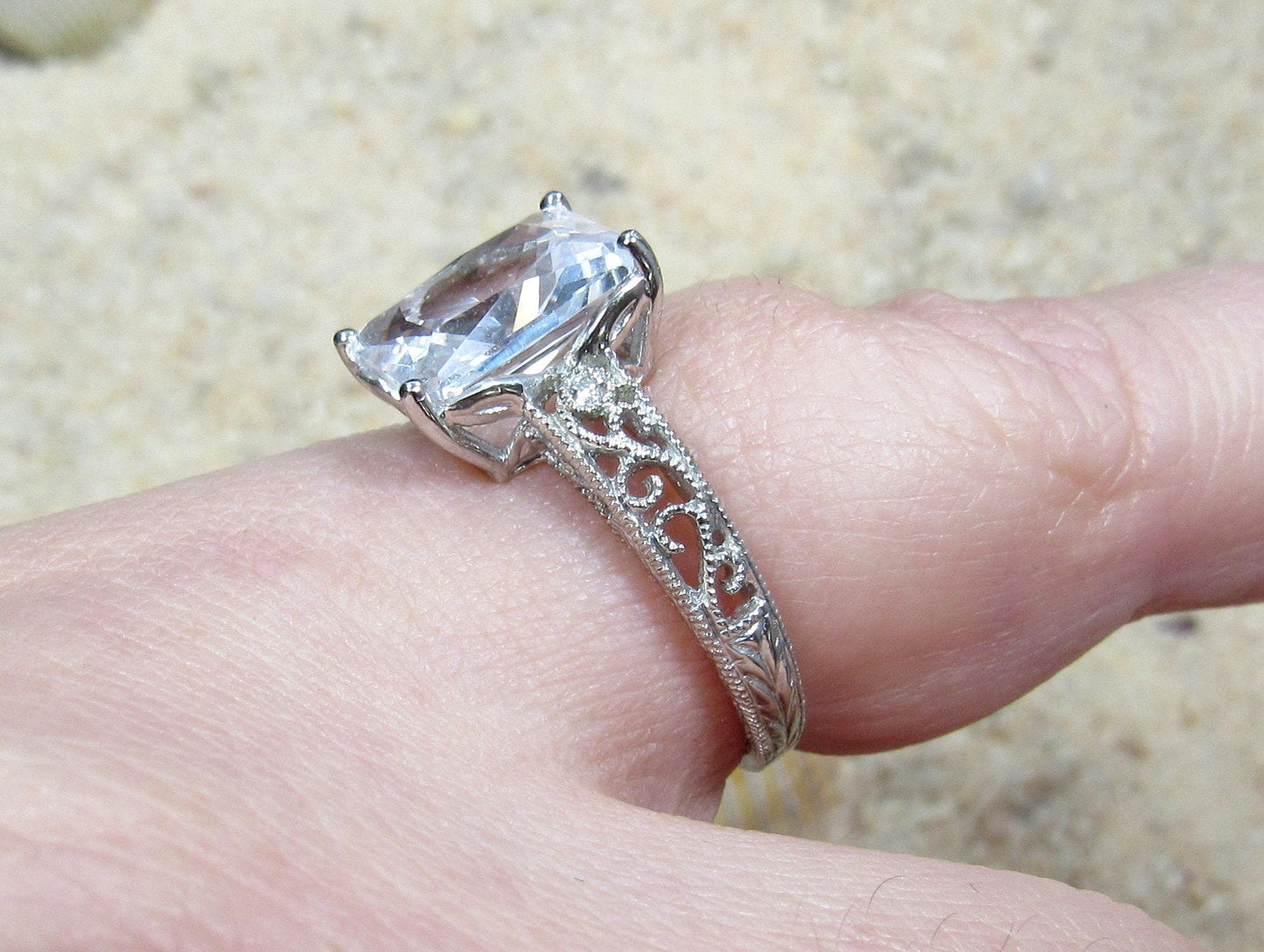 Blue Sapphire & Diamonds Engagement Ring, Diamond Shank, Vintage Ring, Filigree Ring, Milgrain Ring, Polymnia, 4ct, 10x8mm, Birthstone BellaMoreDesign.com