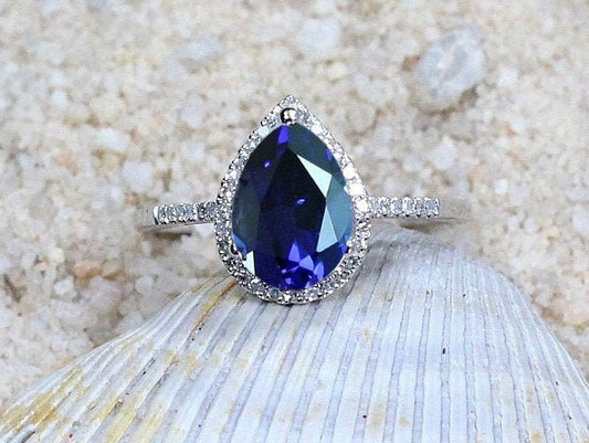 Blue Sapphire & Diamonds Engagement Ring Pear Halo drop Cut Goccia Grand 2.5ct 10x7mm Custom Siz White-Yellow-Rose Gold-10k-14k-18k-Platinum BellaMoreDesign.com