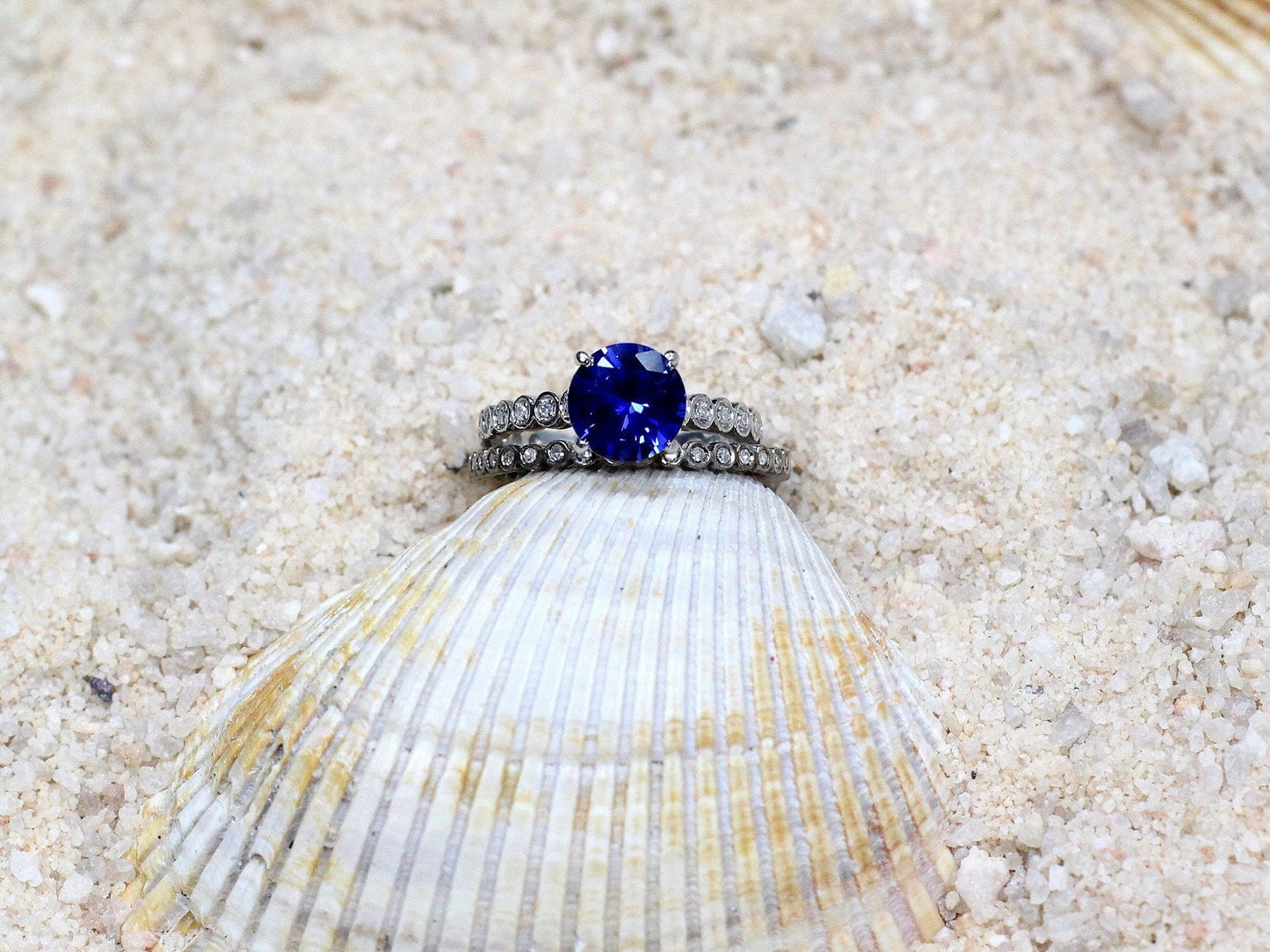 Blue Sapphire & Diamonds Engagement Ring wedding band Set round bezel Ferarelle 2ct 8mm Custom White-Yellow-Rose Gold-10k-14k-18k-Platinum BellaMoreDesign.com