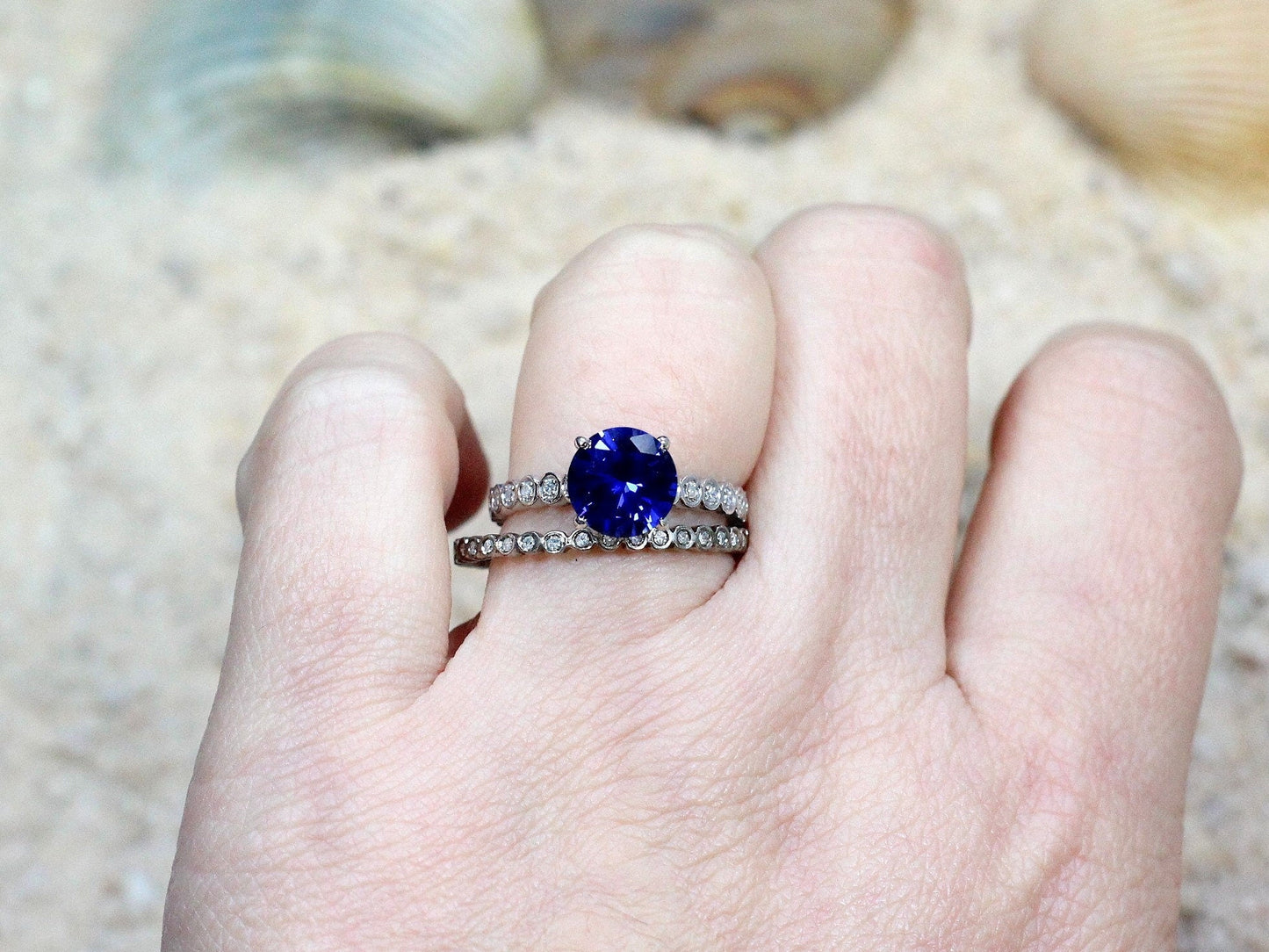 Blue Sapphire & Diamonds Engagement Ring wedding band Set round bezel Ferarelle 2ct 8mm Custom White-Yellow-Rose Gold-10k-14k-18k-Platinum BellaMoreDesign.com