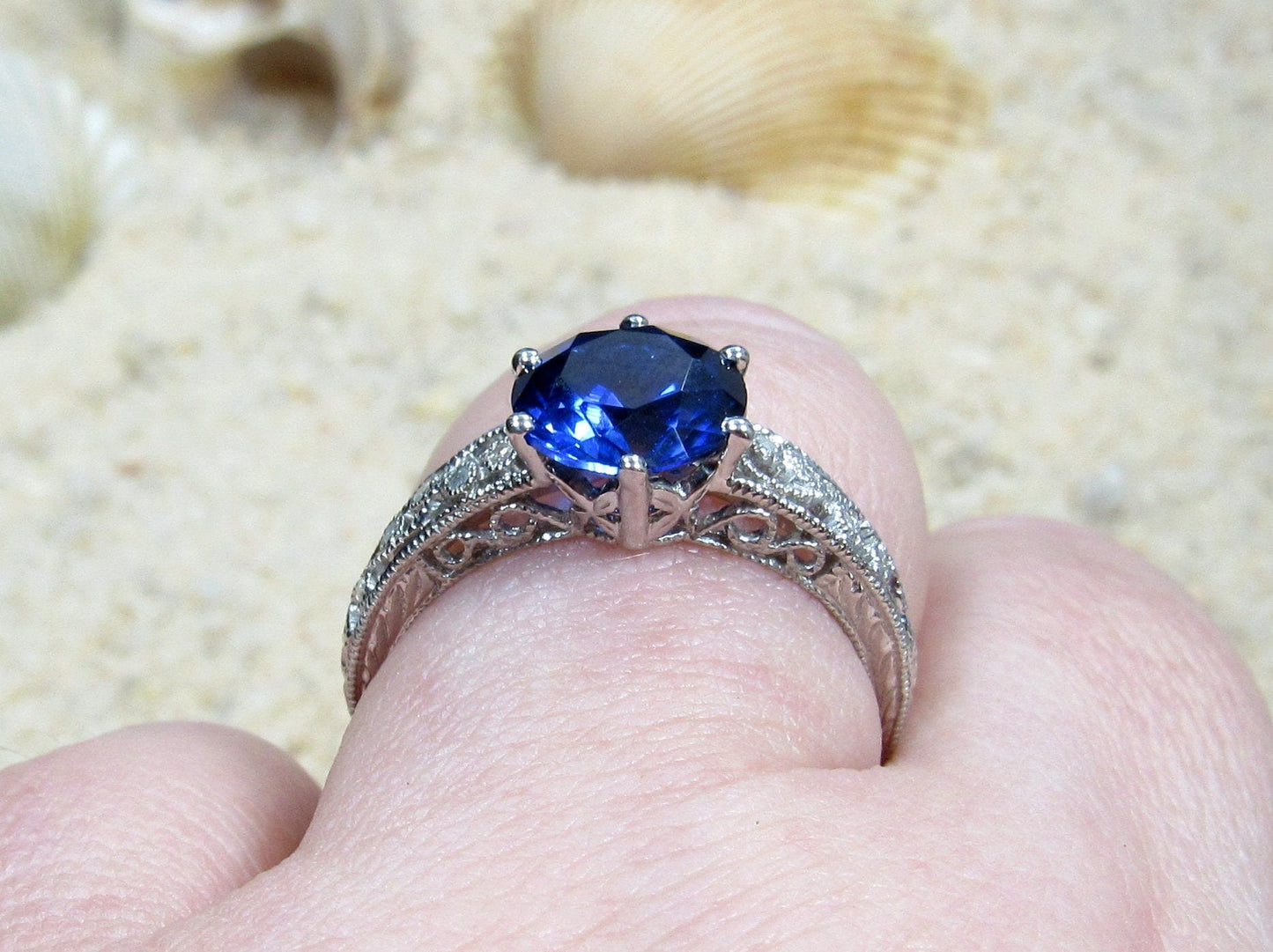 Blue Sapphire Engagement Ring, Diamond Shank, Vintage Ring, Filigree Ring, Miligrain Ring, Polymnia, 2ct, 8mm BellaMoreDesign.com