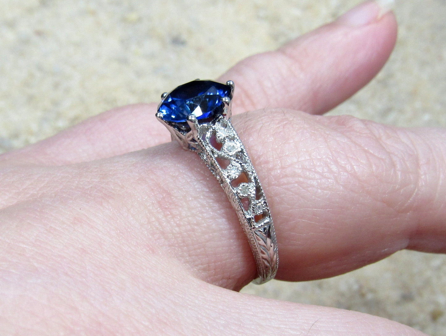 Blue Sapphire Engagement Ring, Diamond Shank, Vintage Ring, Filigree Ring, Miligrain Ring, Polymnia, 2ct, 8mm BellaMoreDesign.com