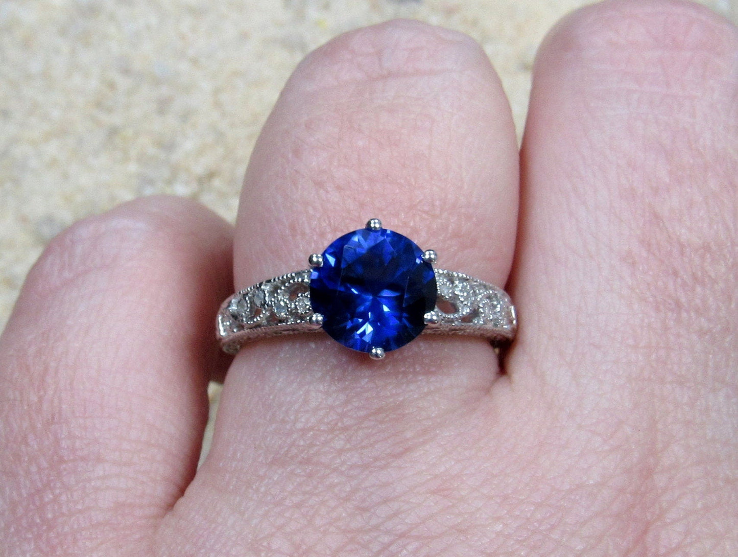 Blue Sapphire Engagement Ring, Diamond Shank, Vintage Ring, Filigree Ring, Miligrain Ring, Polymnia, 2ct, 8mm BellaMoreDesign.com