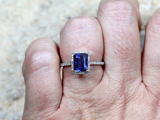 Blue Sapphire Engagement Ring, Emerald cut, Halo Ring, Ione, 2ct, 8x6mm BellaMoreDesign.com